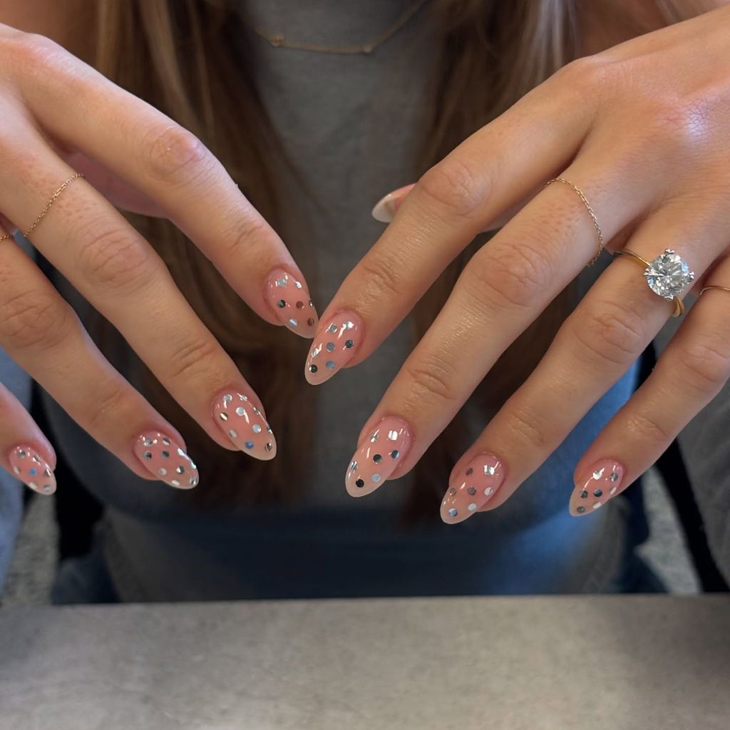 Clear Base Silver Confetti Stiletto Nails Clear Base Silver Confetti Stiletto Nails β New Years Nail Designs 2027