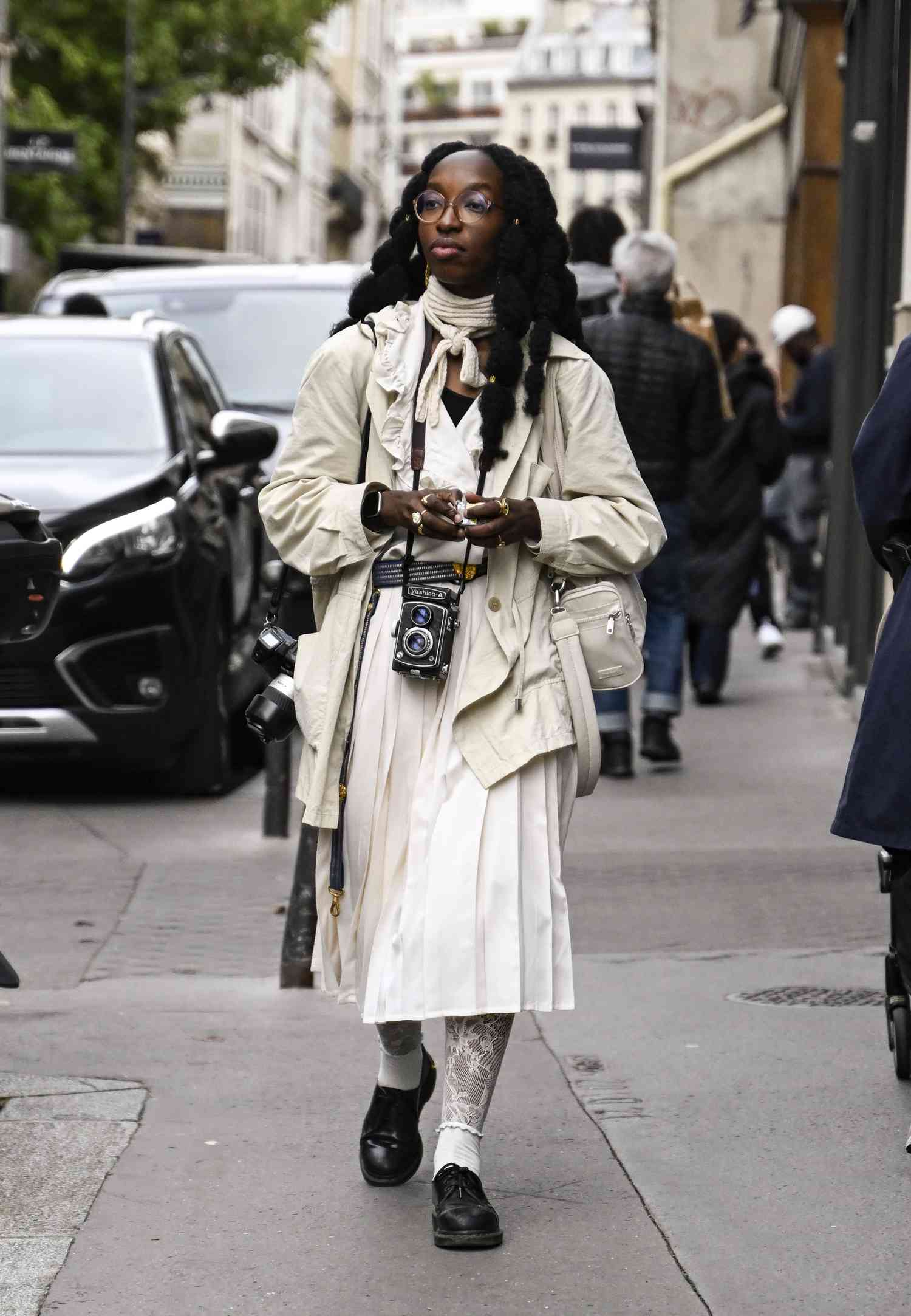 White Silk Scarf with a Pleated Midi Skirt — Scarf Outfits