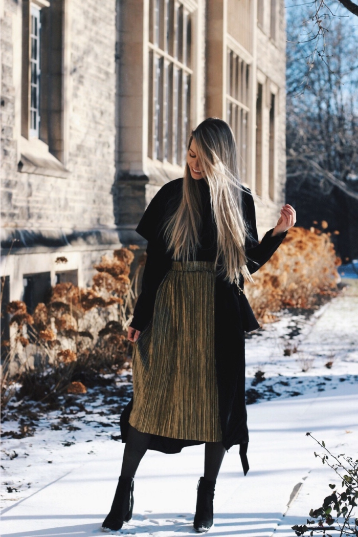 Gold Pleated Midi Skirt with Flowing Black Coat Gold Pleated Midi Skirt with Flowing Black Coat β Winter Skirt Outfits