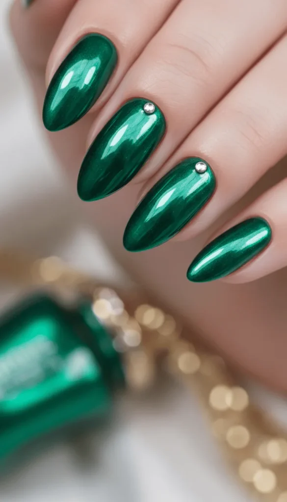 Emerald Green Chrome Almond Nails with Rhinestone Accents — Green Christmas Nails 2026