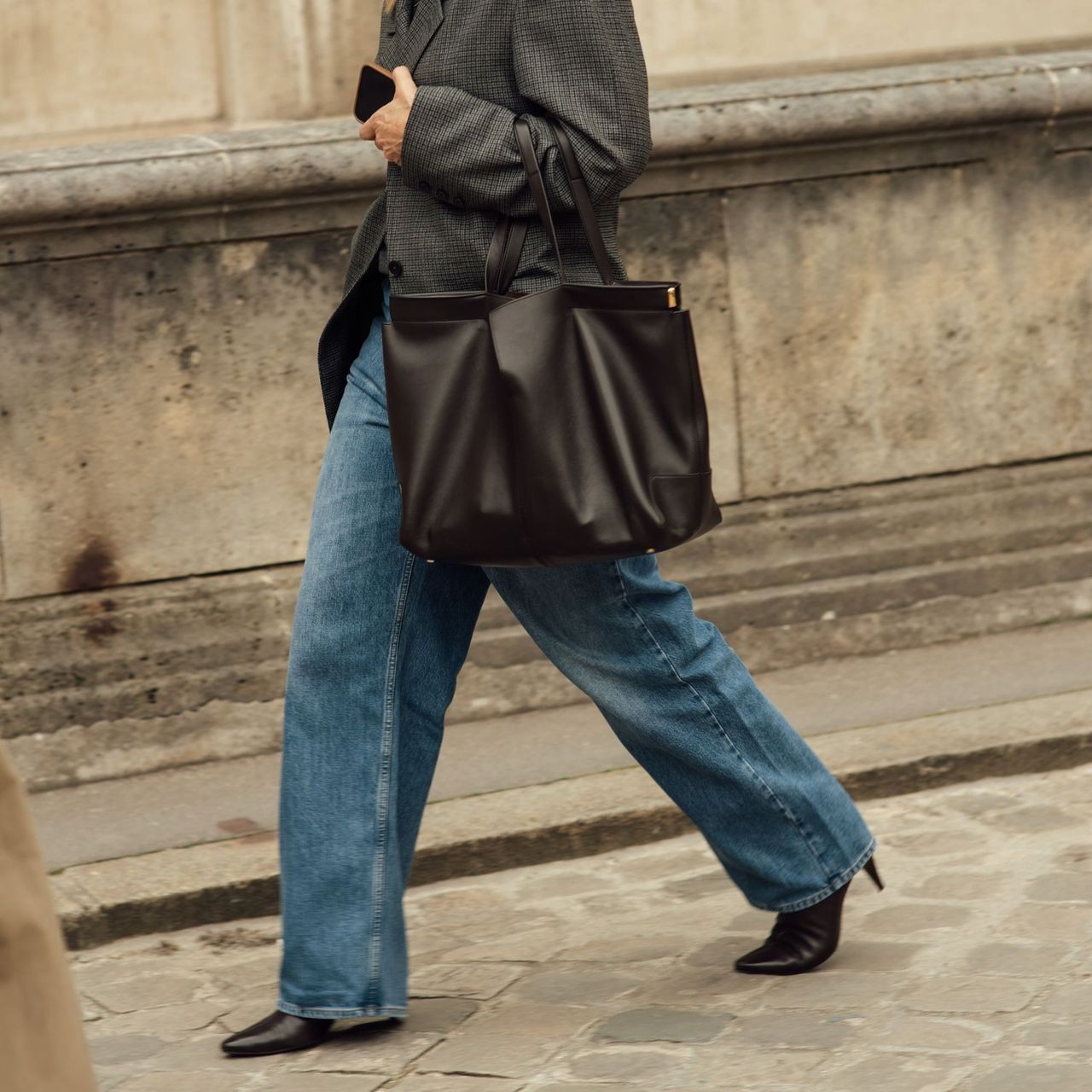 Polished Layers: Checked Blazer with Medium Wide Leg Jeans — Winter Outfits with Wide Leg Jeans