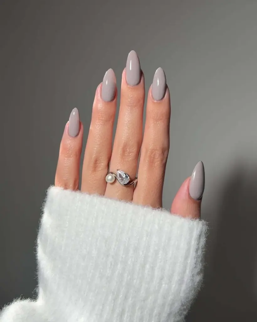 Muted Taupe-Grey Creamy Gloss Muted Taupe-Grey Creamy Gloss β Long Winter Almond Nails