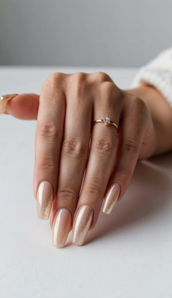 Glossy With Glitter Visual Idea — Winter Champagne Nails