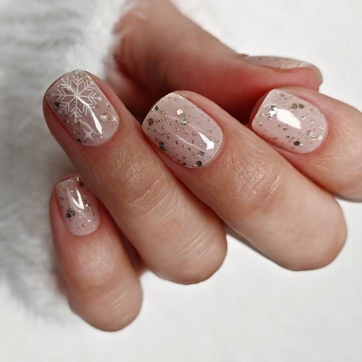 Nude Short Round Glitter Snowflake Nails Nude Short Round Glitter Snowflake Nails β Subtle Christmas Nails 2026