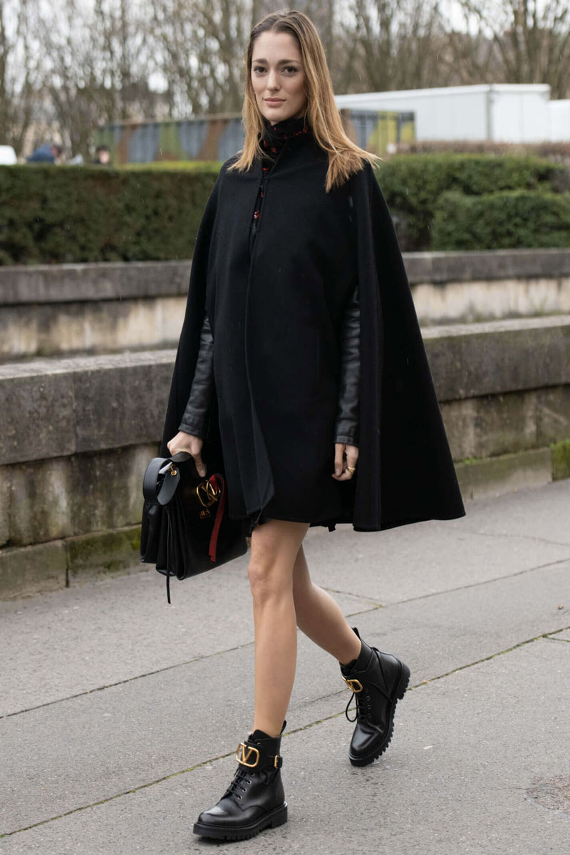 Dramatic Cape Silhouette with Leather Top and Combat Boots — Winter Boots Outfits