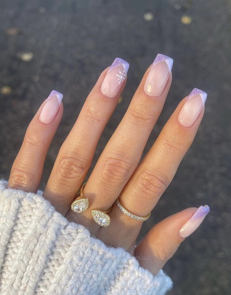 Glitter French Tips with Snowflake Art Glitter French Tips with Snowflake Art β Winter Purple Nails