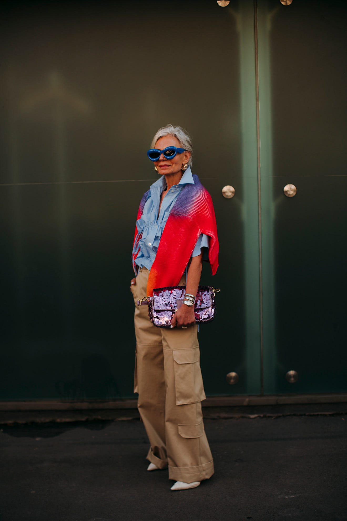 Vibrant Streetwear with Cargo Pants and a Draped Scarf — Winter Streetwear Outfits