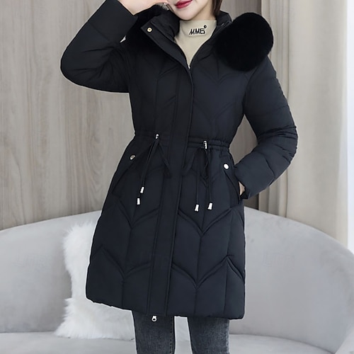 Longline Black Puffer Coat with Drawstring Waist and Fur-Trimmed Hood — Winter Puffer Jacket Outfits
