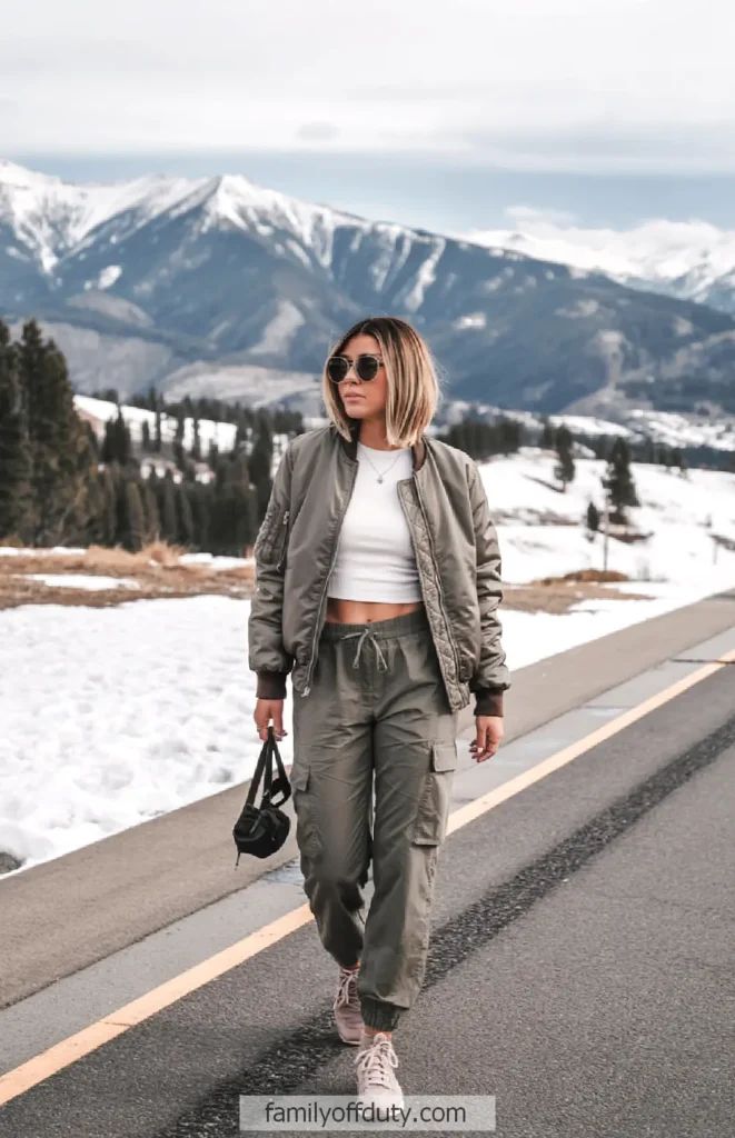 Bomber Jacket and Cargo Pants for a Snowy Mountain Trip — Cabin Trip Outfits