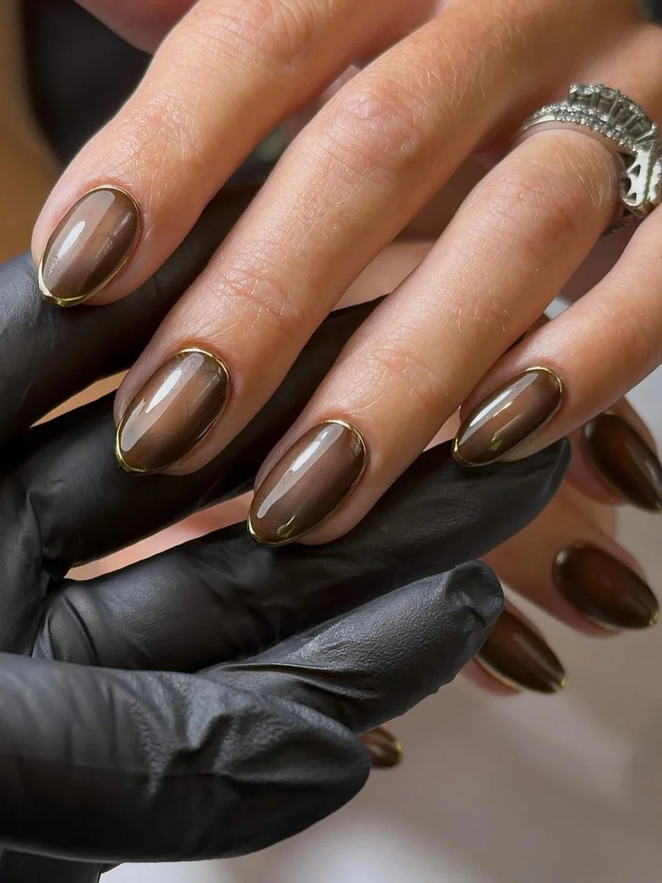 Warm Brown Jelly Gold Cuticle Line — Fall to Winter Nails