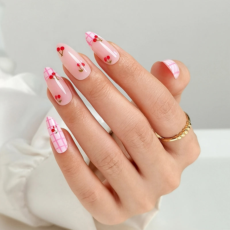Long Almond Cherry Plaid — Winter Nails for Teens