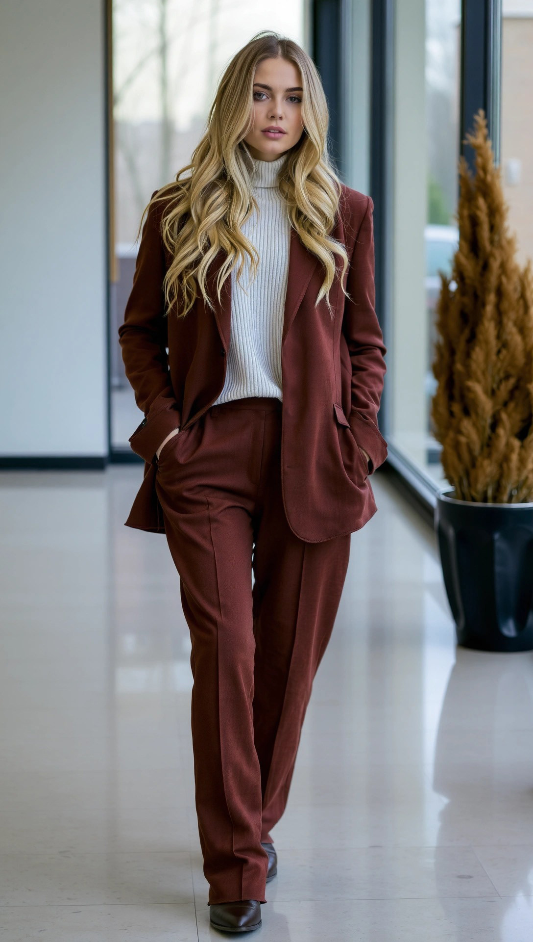 Rust Corduroy Suit with a White Turtleneck Rust Corduroy Suit with a White Turtleneck β Winter Work Outfits