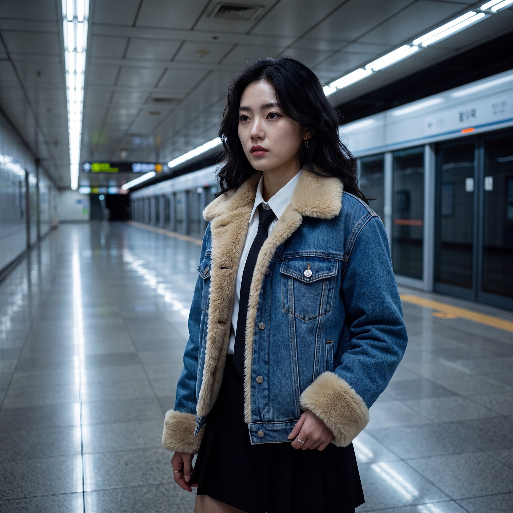 Streetwear Cool: Shearling-Lined Denim Jacket Streetwear Cool: Shearling-Lined Denim Jacket β Korean Winter Outfits