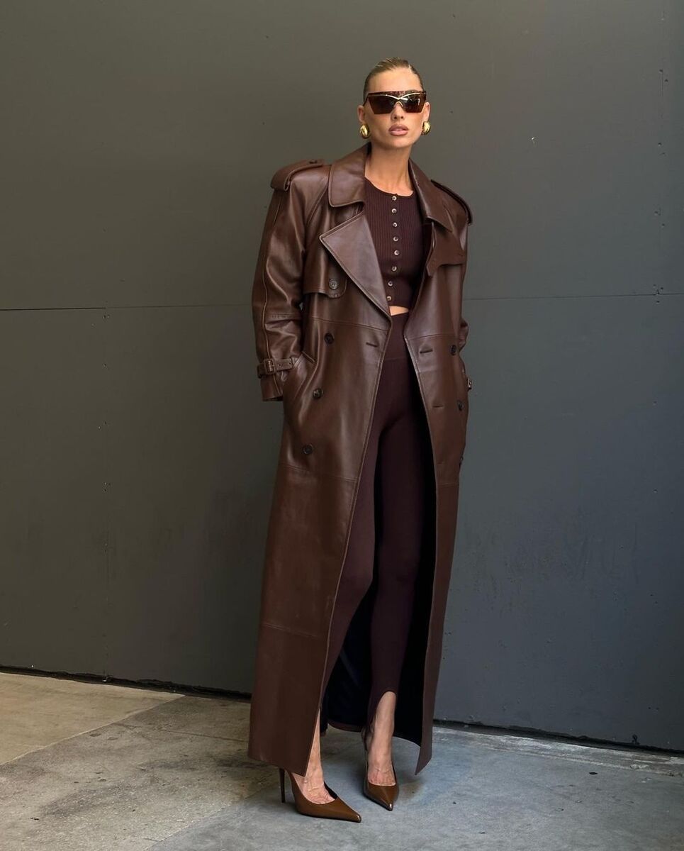 Long Brown Leather Trench Coat Set — Brown Coat Outfits