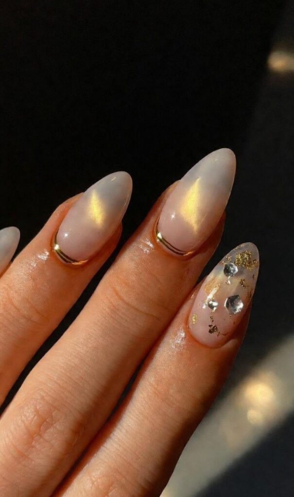 Milky Cat-Eye Almond with Gold Line — Simple New Years Nails 2027