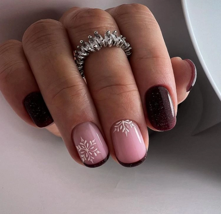 Pale Pink Dark Burgundy White Art Visual Idea — Short Winter Almond Nails