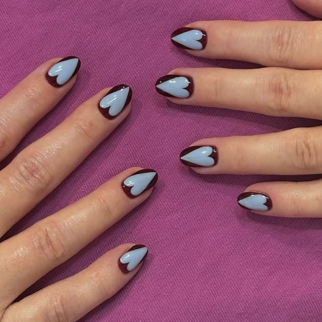 Light Blue Heart Outline Almonds Light Blue Heart Outline Almonds β Winter Nails for School