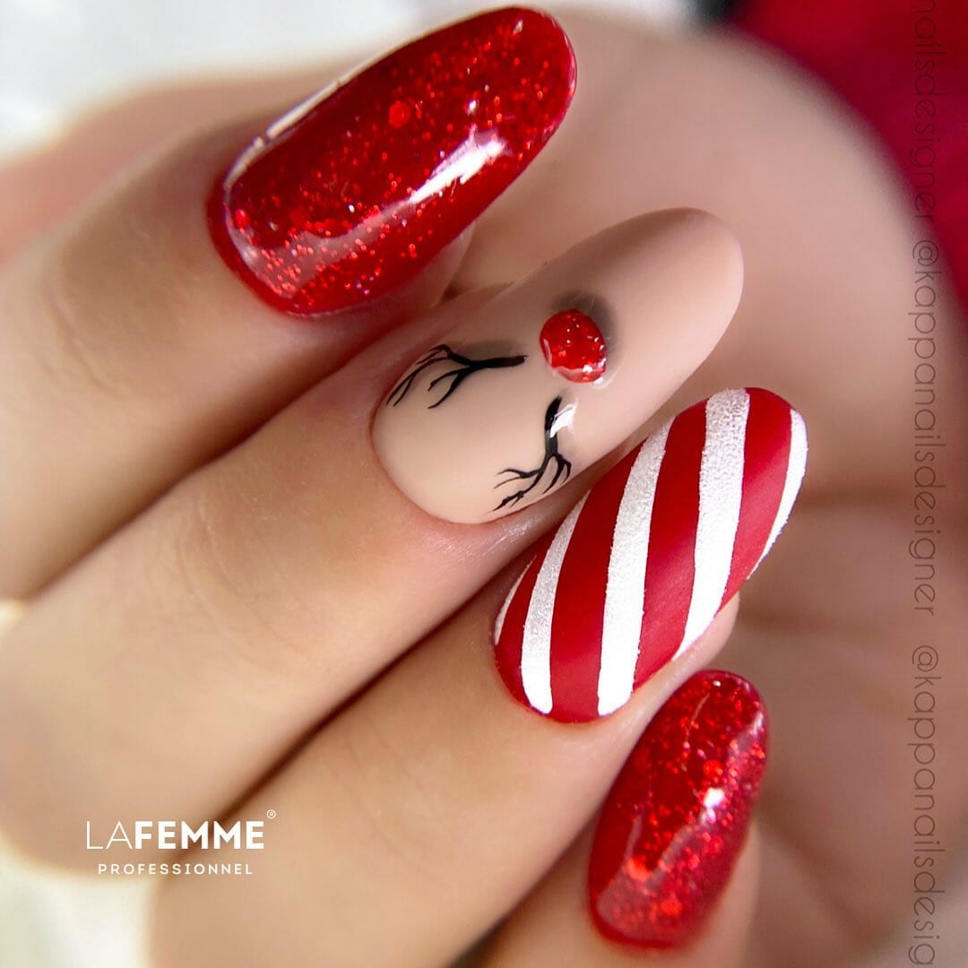 Matte Nude Reindeer Stripes Nails Matte Nude Reindeer Stripes Nails β New Years Dip Powder Nails 2027
