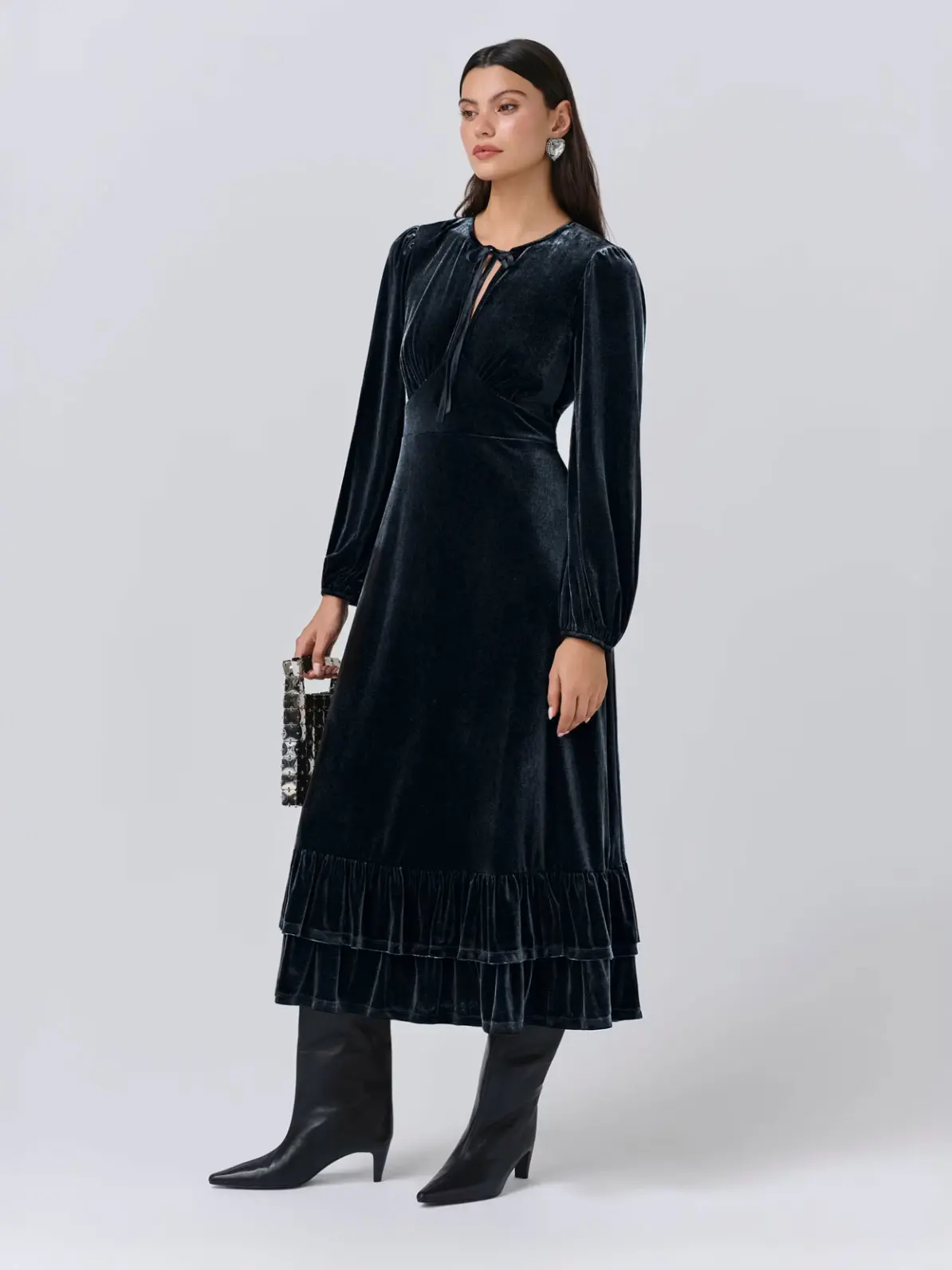 Dark Blue Velvet Midi with Tie-Neck and Ruffles — Winter Formal Dresses