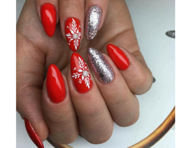 Bright Red with Silver Glitter Snowflakes — Winter Red Nails