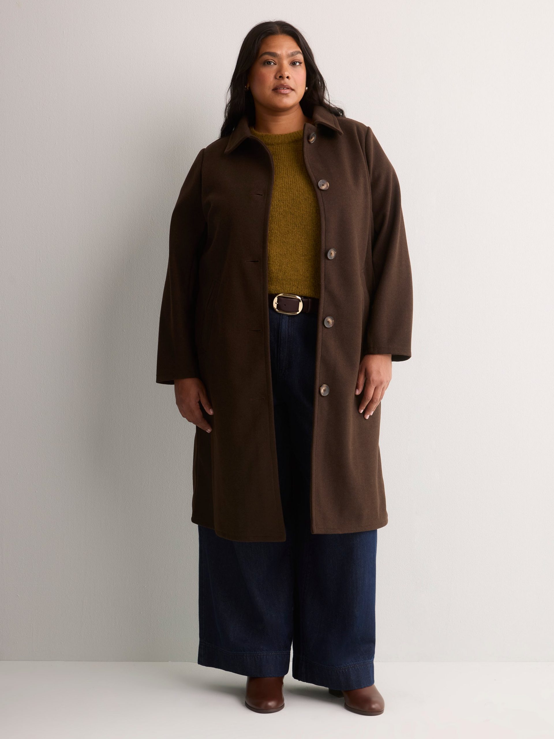 Dark Brown Melton Wool Car Coat with Olive Sweater — Car Coat Outfits
