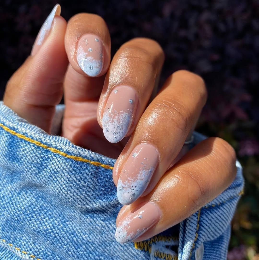 Medium Oval Nude Base with Blue Tips and Glitter Medium Oval Nude Base with Blue Tips and Glitter β Sparkly Winter Nails