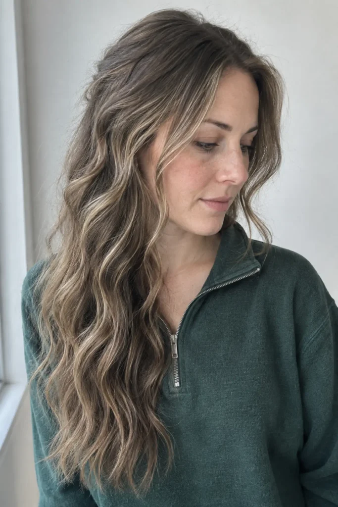 Ash Blonde With Highlights Collarbone Layers with Textured Waves — Winter Haircuts for Wavy Hair