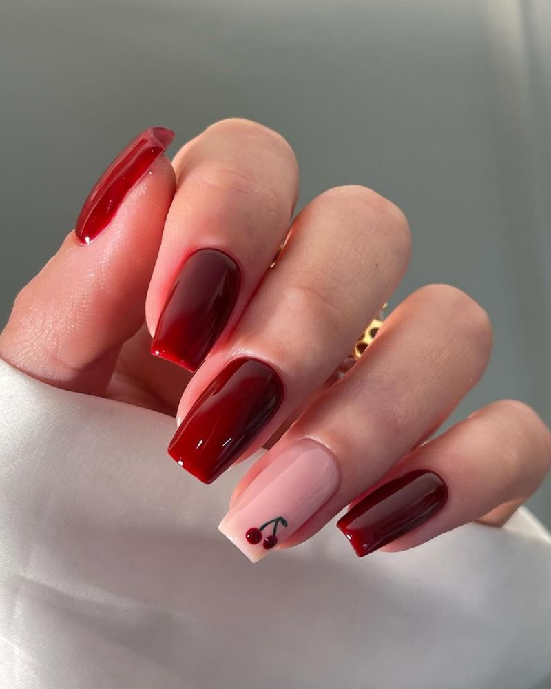 Medium Square Minimalist Cherry Accent — Cherry Red Nails