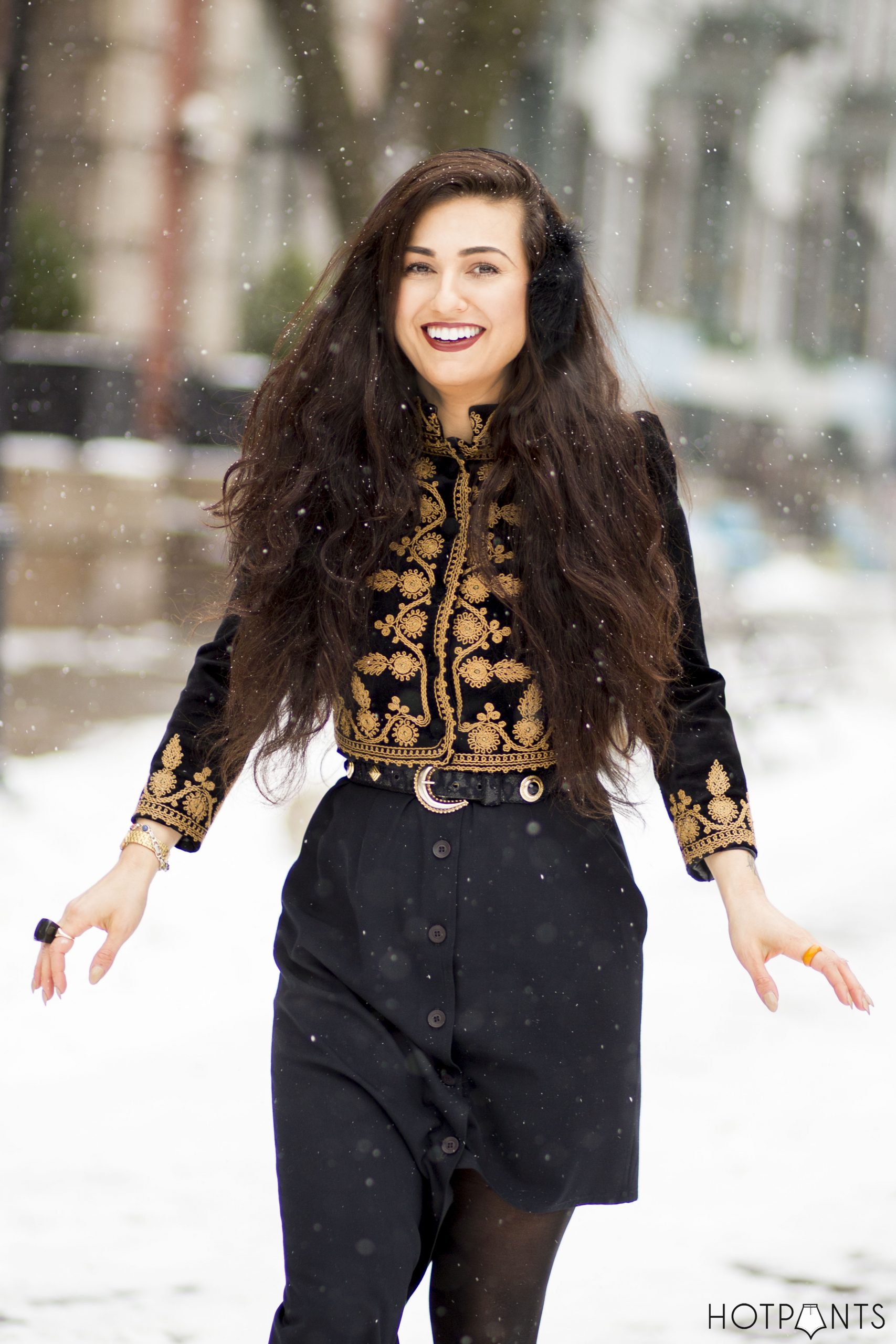 Ornate Gold-Embroidered Jacket with Black Earmuffs and A-Line Skirt Ornate Gold-Embroidered Jacket with Black Earmuffs and A-Line Skirt β Earmuffs Outfits