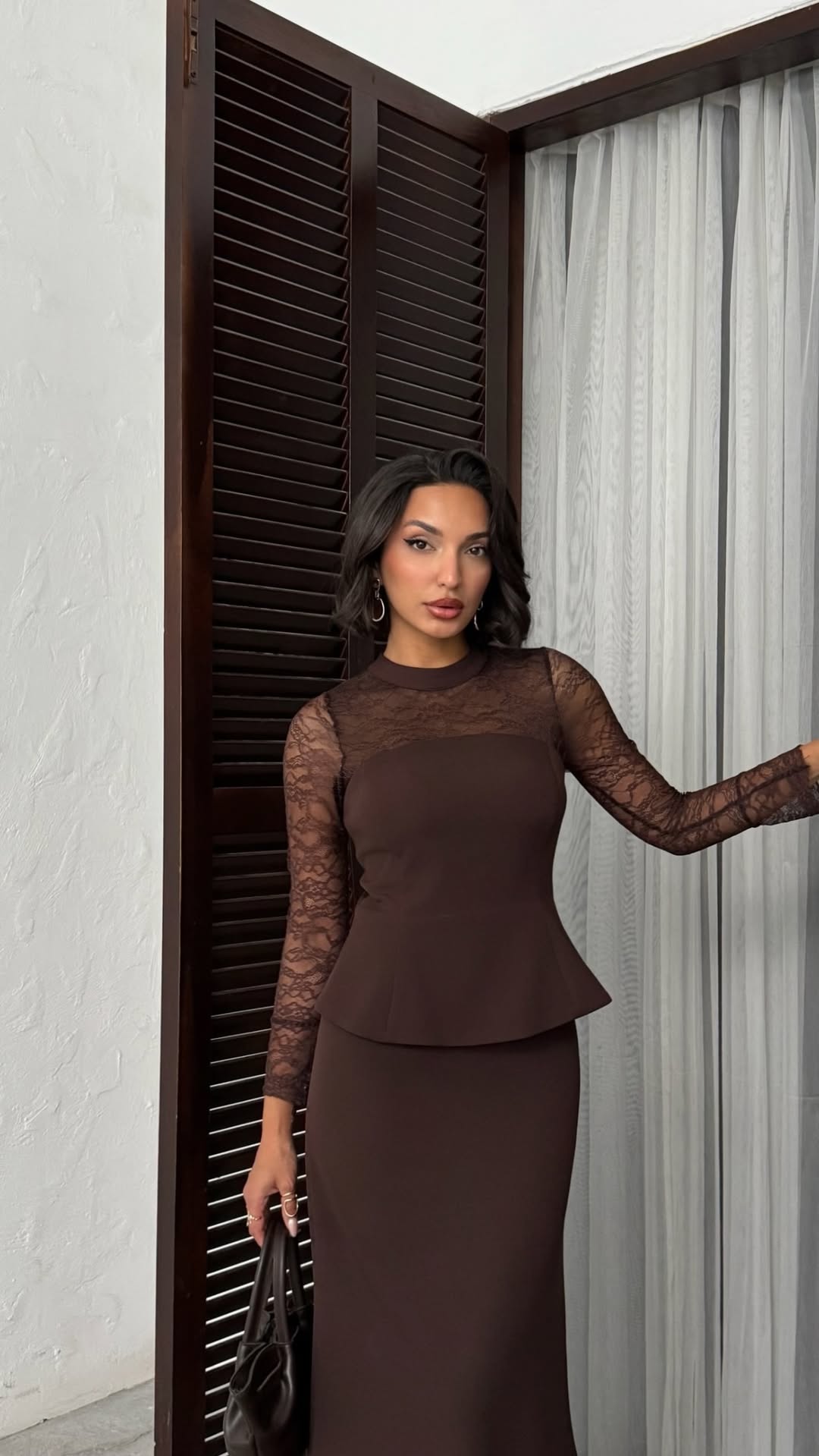 Chocolate Brown Peplum Top with Lace Sleeves and Skirt Chocolate Brown Peplum Top with Lace Sleeves and Skirt β Chocolate Brown Outfits