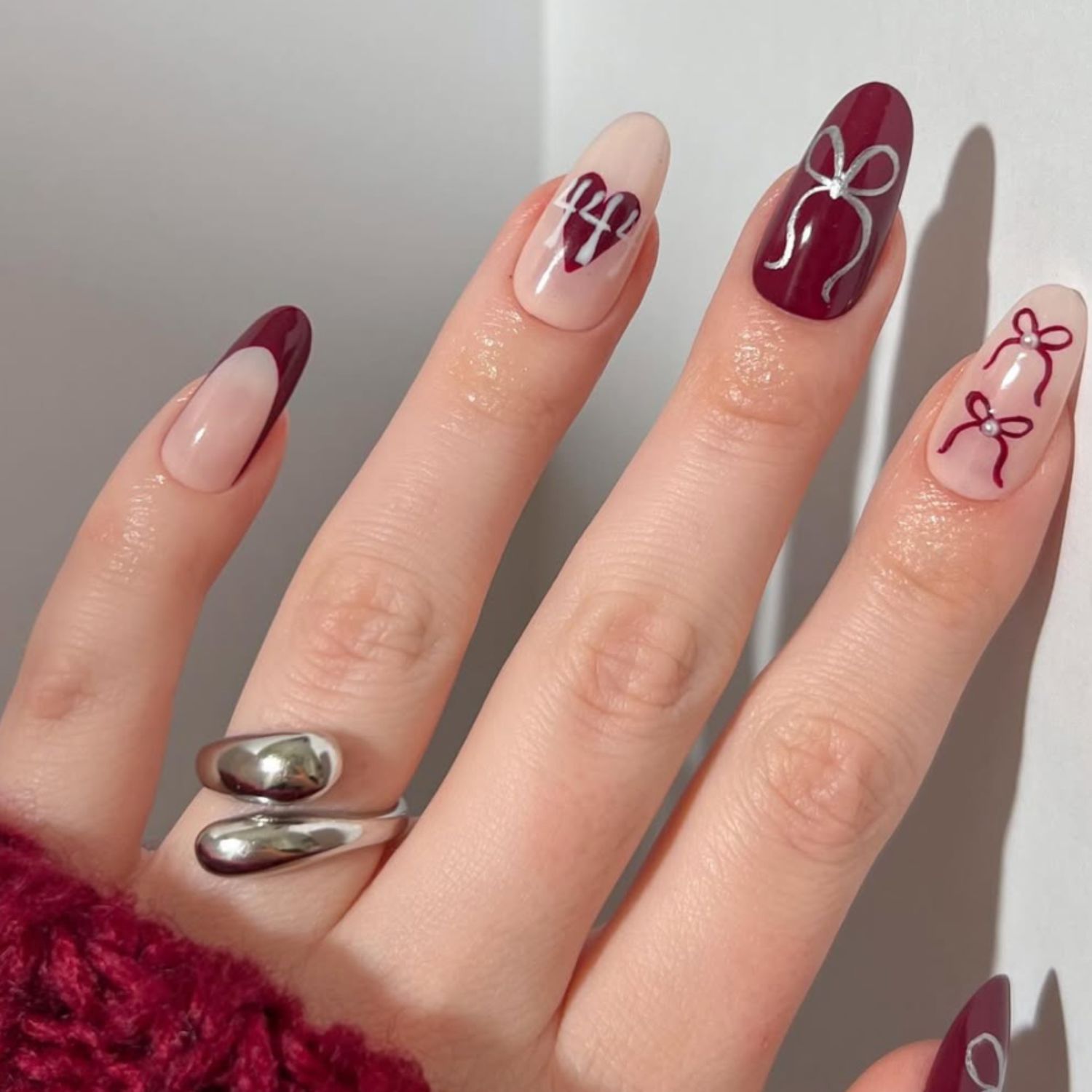 Burgundy French Tips with Bow Accents Burgundy French Tips with Bow Accents β Winter Bow Nails