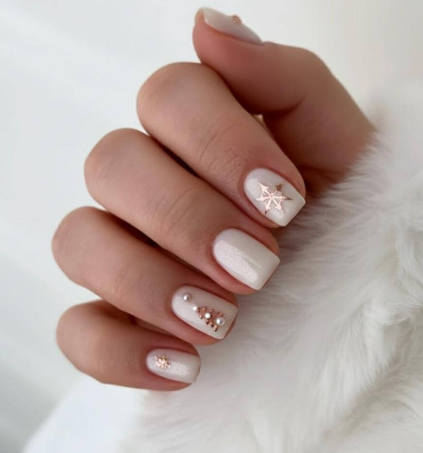 Rose Gold Snowflake Pearl Nails Rose Gold Snowflake Pearl Nails β Simple Short Christmas Nails 2026