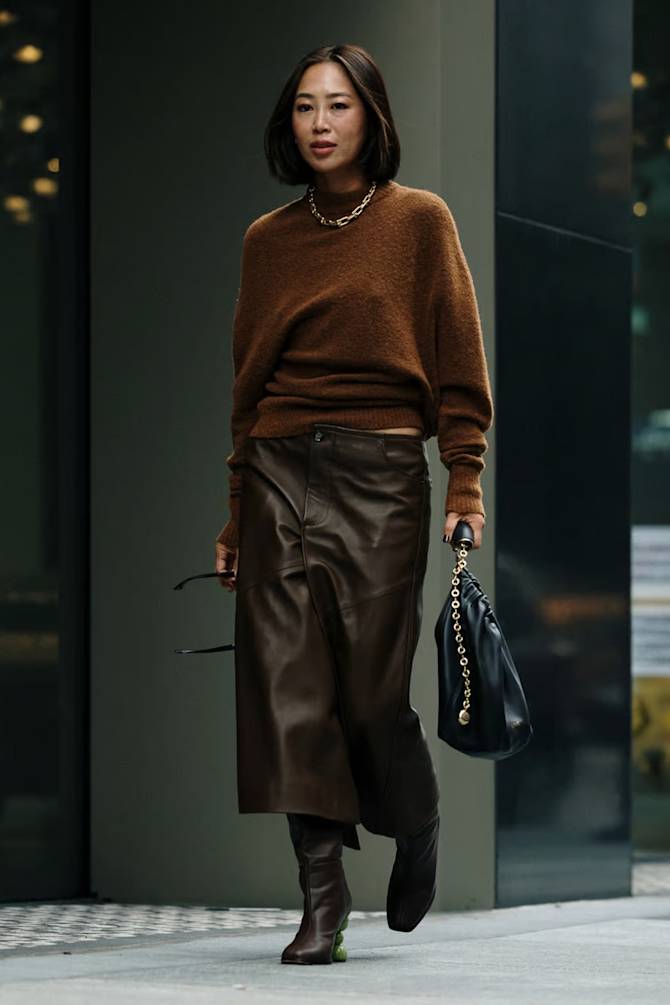 Textured Knit Sweater with Dark Brown Leather Midi Skirt — Leather Skirt Outfits