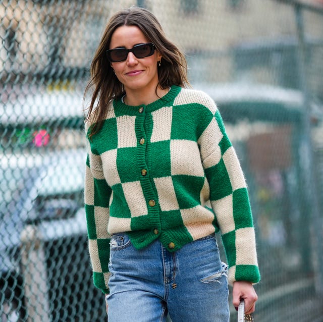 Green and Cream Checkered Cardigan with Distressed Denim — Cardigan Outfits