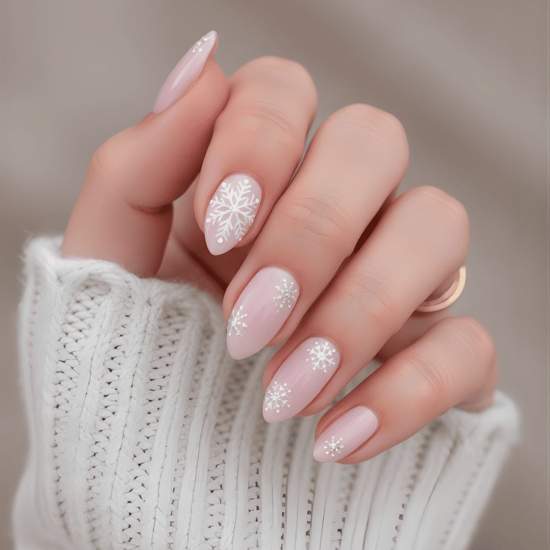 Medium Almond Pale Pink with White Snowflakes Medium Almond Pale Pink with White Snowflakes β Sparkly Winter Nails
