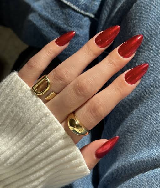 Metallic Deep Red Shimmer Almond Nails Metallic Deep Red Shimmer Almond Nails β Winter Almond Nails