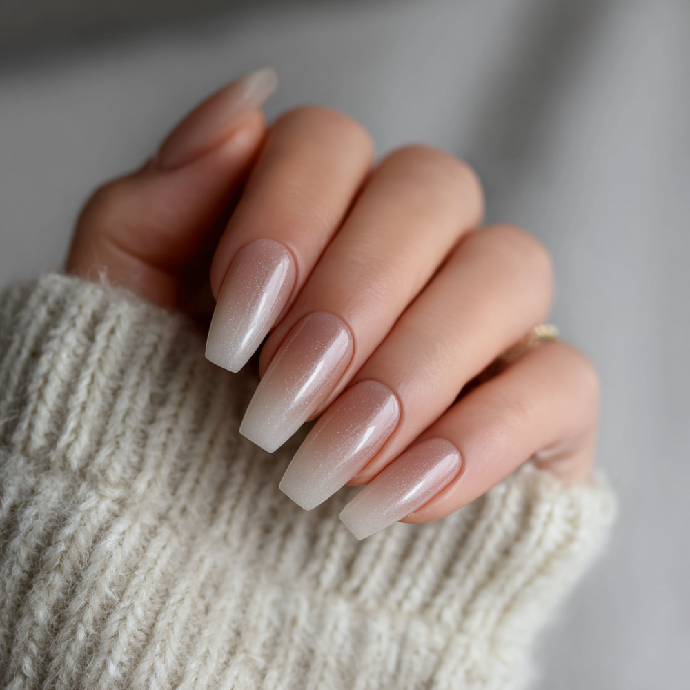 Shimmering Nude to White Gradient Coffin Nails Shimmering Nude to White Gradient Coffin Nails β New Years Nail Designs 2027