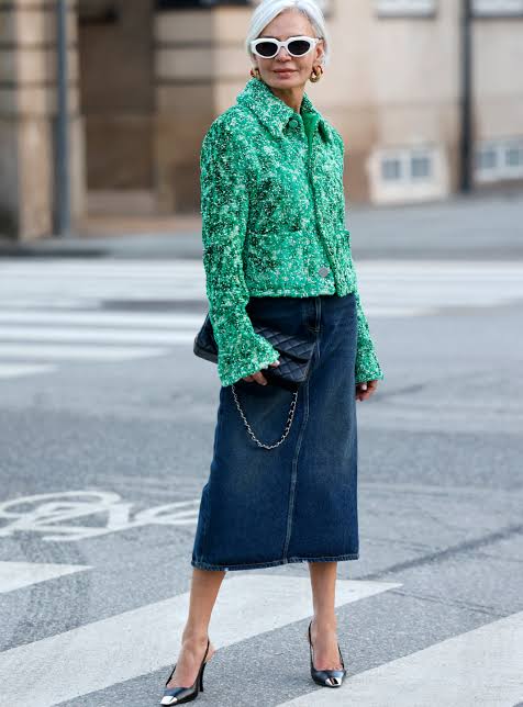 Bold Green Jacket with Denim Midi Skirt and Heels — December Outfits