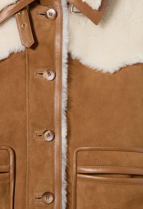 Textured Brown Suede Shearling Coat with Leather Trim — Shearling Coat Outfits
