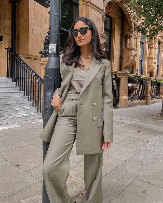Beige Oversized Blazer with Silk Camisole — Winter Going Out Outfits