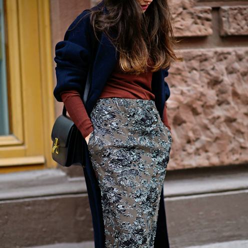Navy Coat Over Rust Top and Textured Pencil Skirt Navy Coat Over Rust Top and Textured Pencil Skirt β Winter Date Night Outfits
