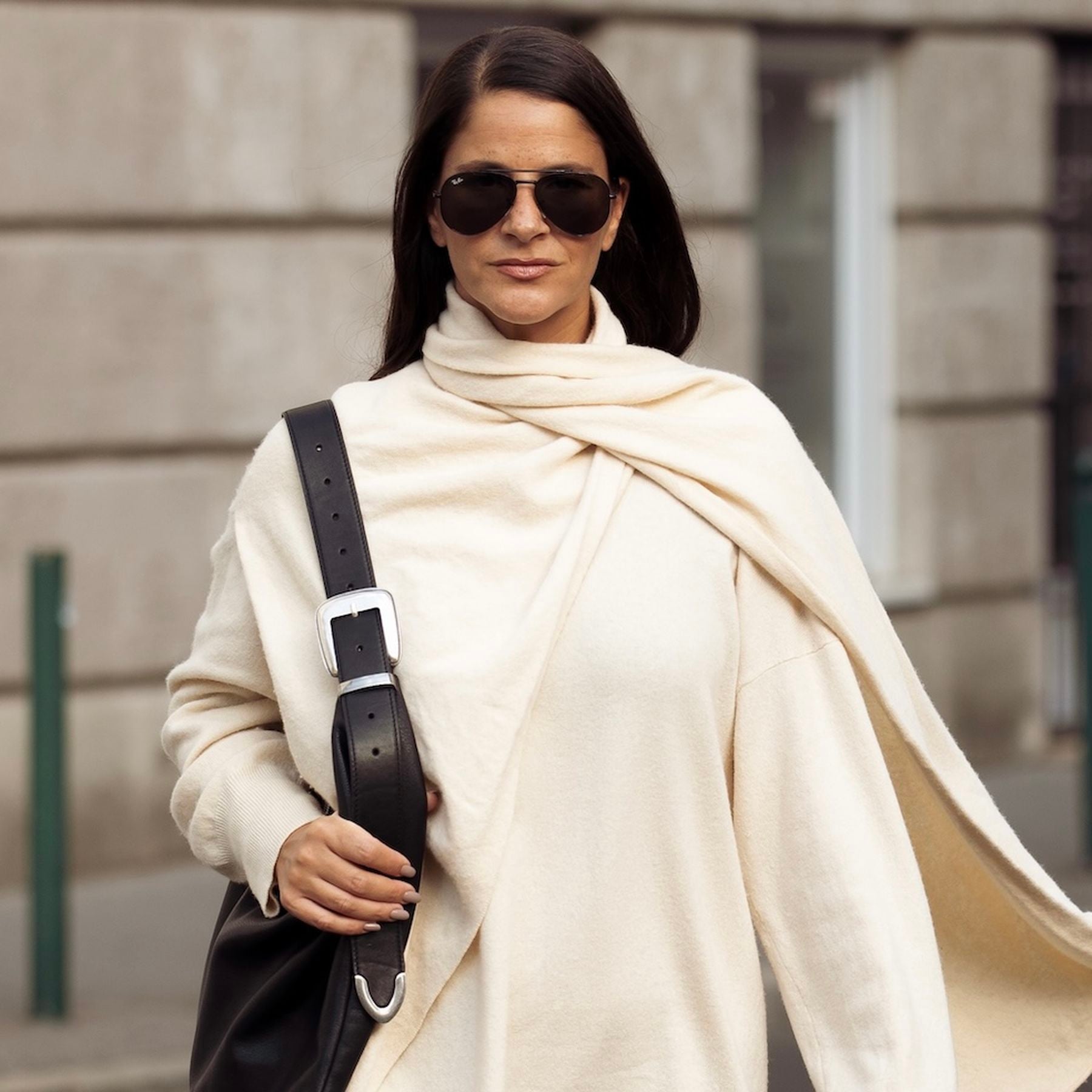 Oversized Turtleneck Sweater Dress with Belt and Scarf — Sweater Dress Outfits