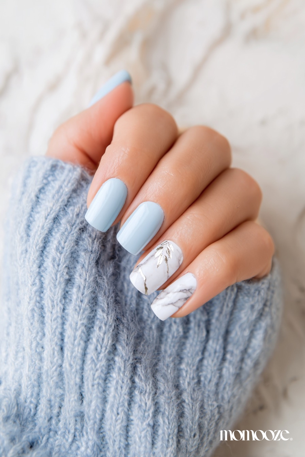 Light Blue Marble with Silver Foil Accents — Winter Marble Nails
