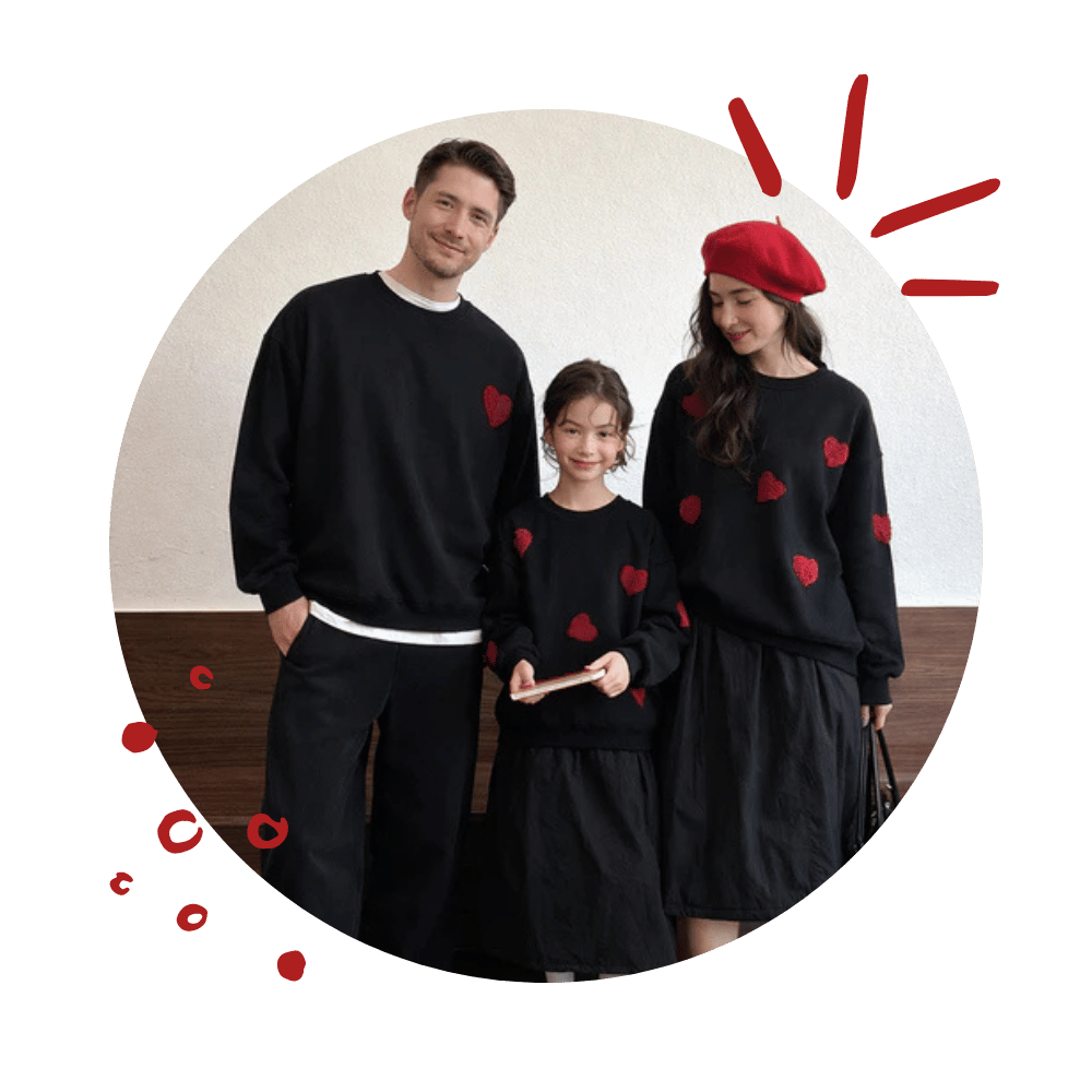 Heart Applique Sweatshirts: Matching Black and Red for a Casual Family Photo Heart Applique Sweatshirts: Matching Black and Red for a Casual Family Photo β Winter Family Photo Outfits