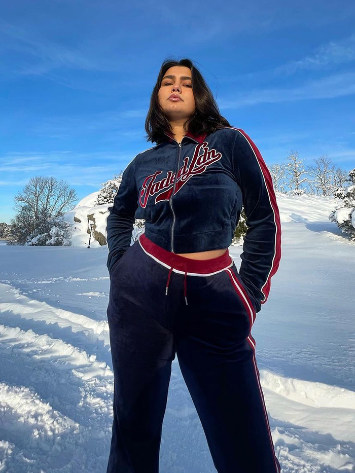 Sporty Streetwear with a Navy Velour Tracksuit — Winter Streetwear Outfits