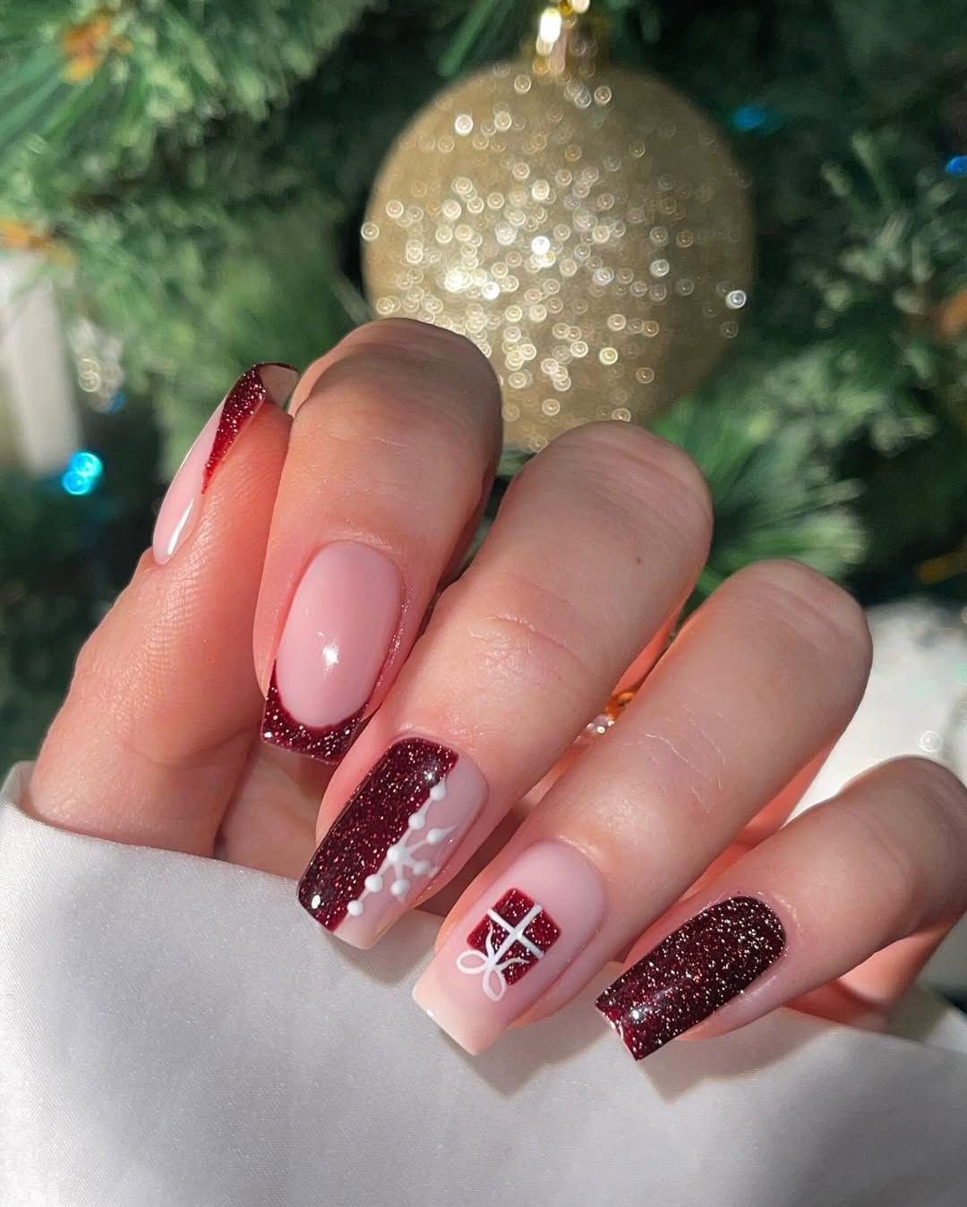 Glitter Red French and Gift Box Nails Glitter Red French and Gift Box Nails β Christmas Square Nails 2026