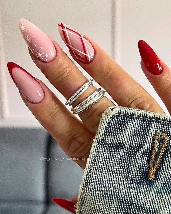 Festive Plaid and Snowflake Stiletto Nails Festive Plaid and Snowflake Stiletto Nails β Christmas Gel X Nails 2026