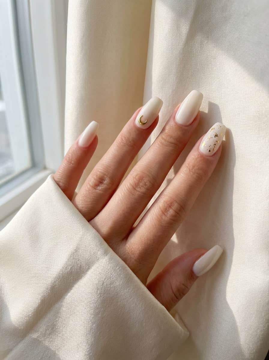 Milky White Coffin Nails with Moon Charm Milky White Coffin Nails with Moon Charm β Milky White Nails