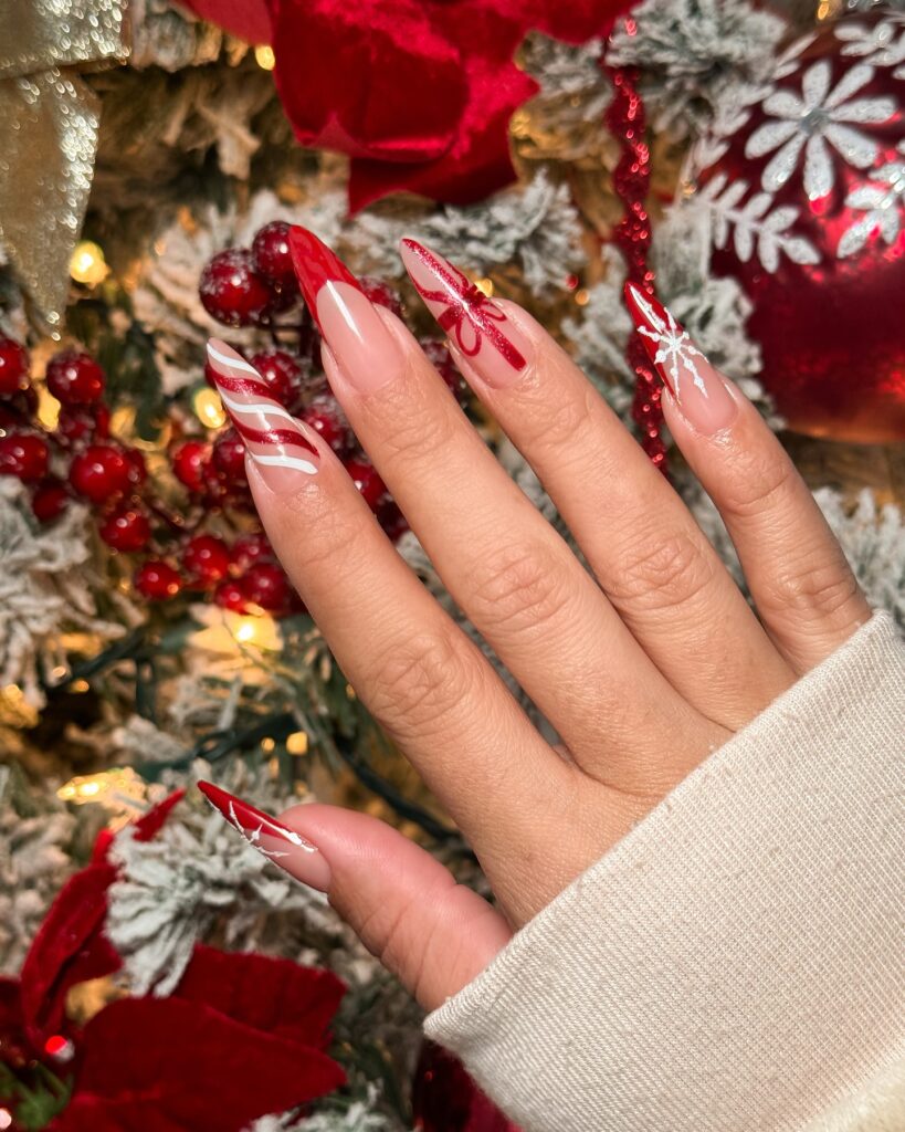Striped French Tips with Bow & Snowflake Striped French Tips with Bow & Snowflake β Christmas Nail Colors 2026