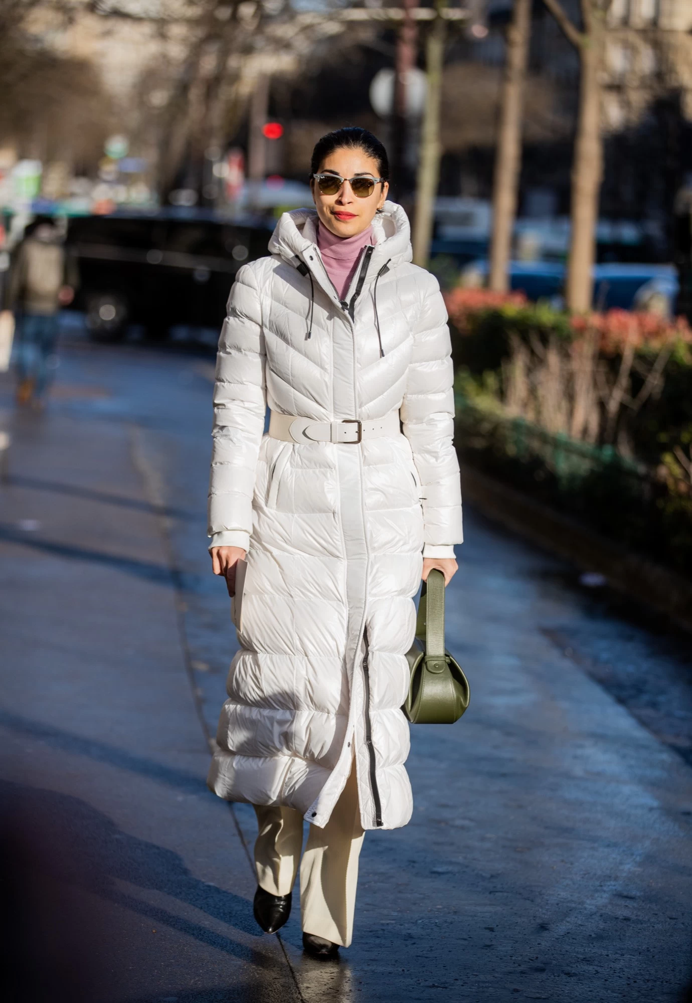Belted White Long Puffer Coat Over Pink Turtleneck — Long Puffer Coat Outfits